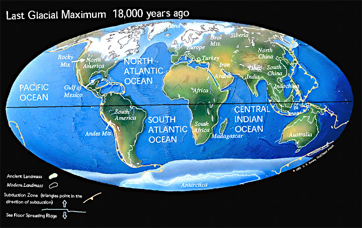 Mapa del Mundo en el último máximo glacial   fai18.000 años. Fonte Wikipedia en inglés   